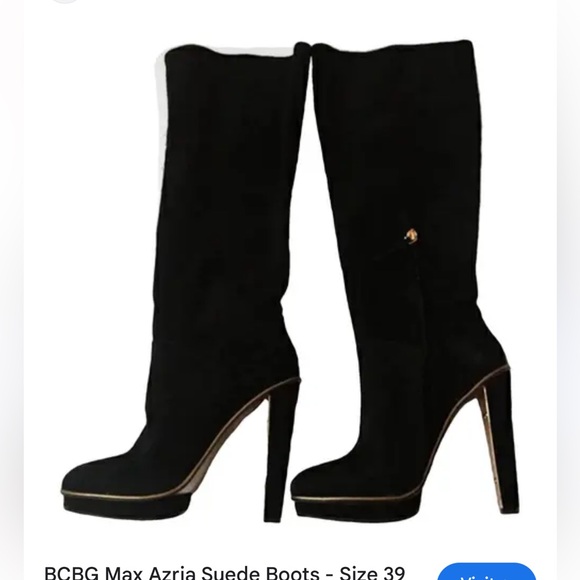 BCBGMaxAzria Shoes - BCBGMaxAzria Elegant Black Suede Heeled Boots Trimmed with Gold Great Preowned